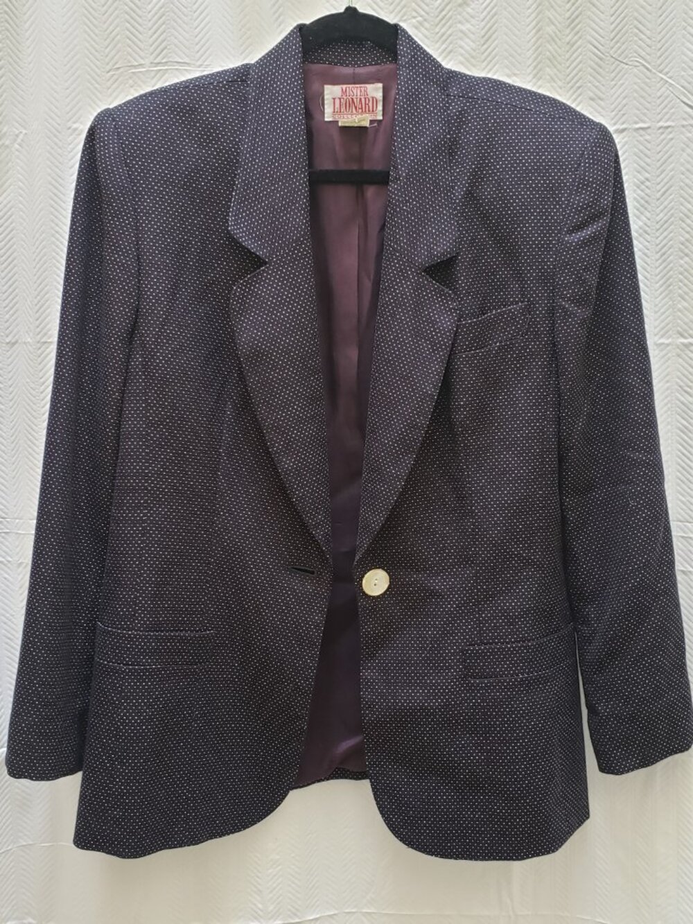 Vintage Made in Canada Mister Leonard Wool Blazer Navy Blue & White dots Size 12